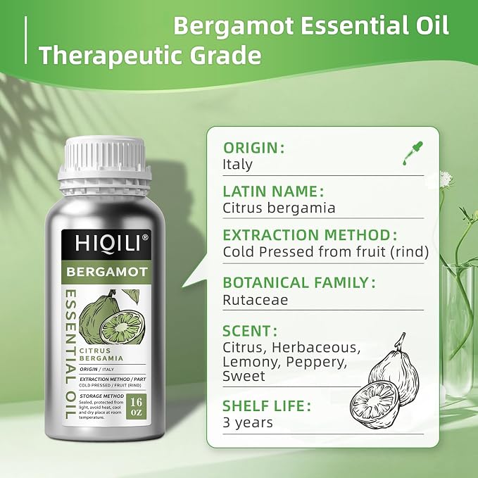 HIQILI Bergamot Essential Oil for Diffuser, Skin, Hair, DIY - 16 Fl Oz (500 mL)