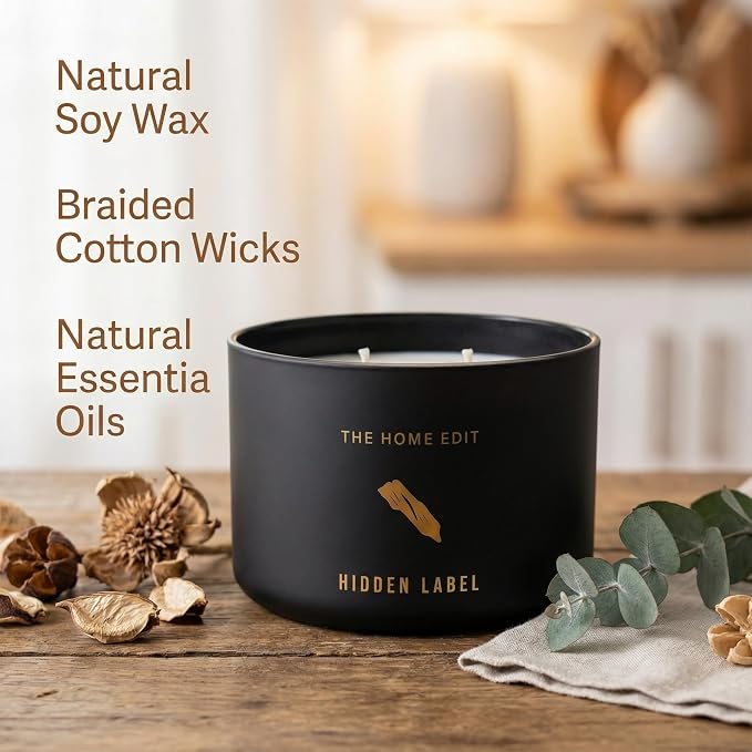 Hidden Label Black Oud Pepper Soy Candle, 10oz 2-Wick, 45H Bold Spice | Strong Masculine Aromatherapy | Non-Toxic Phthalate-Free | Even Melt No Tunneling | Luxe Reusable Glass Gift