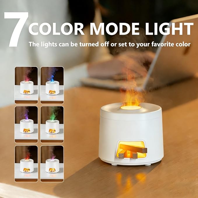 180ml Quiet Aromatherapy Diffuser, Ultrasonic Essential Oil Humidifier with Auto Shut-Off & 7-Color Flame Light for Home Bedroom Living Room Kitchen (White)