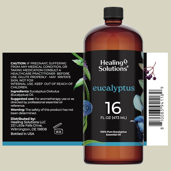 Healing Solutions Eucalyptus Essential Oil Bulk, 16oz - 100% Pure Bulk Eucalyptus Essential Oil Large Bottle for Diffusers, Home Care, Candles, Aromatherapy