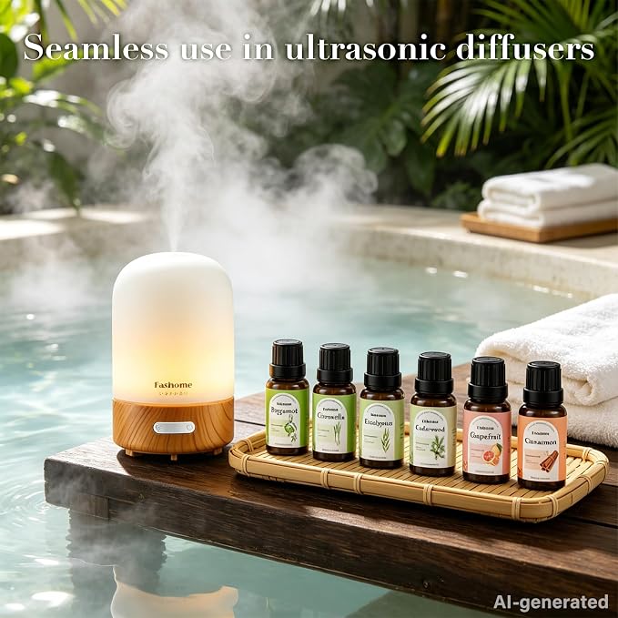 Essential Oils Set for Diffuser, 6 x 10ml Aromatherapy Oils for Home | Scents of Cedarwood, Cinnamon, Citronella, Eucalyptus, Bergamot, Grapefruit Oils for Bedroom, Office & DIY