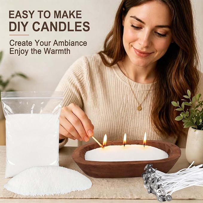 2LB Pure White Pearl Wax DIY Candles，Snow Sand Wax DIY Candle Making Kit - Complete Set with Wooden Bowl, 20 Cotton Wicks for Easy Crafting & Home Decor.