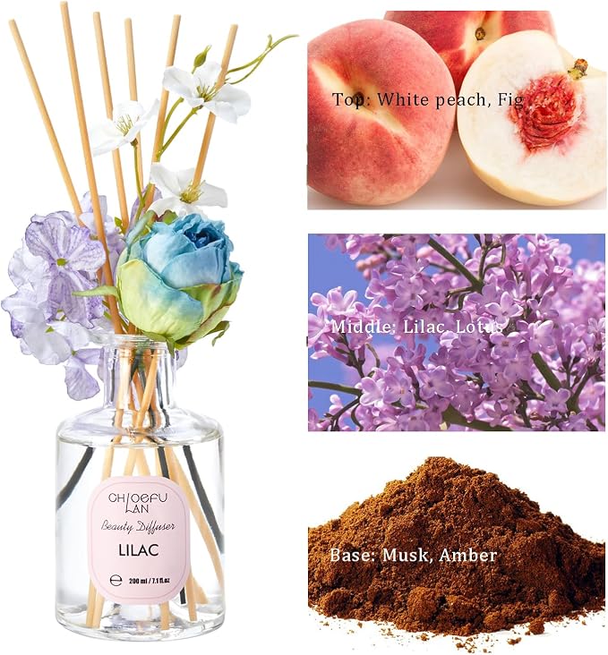 Lilac Reéd Diffuser Oil, 6.7 oz Refreshing Natural Essential Scented Oil with Purple Flower Diffuser Sticks,Bathroom Decor, Home & Office Decor,Diffuser Oil Gift Set