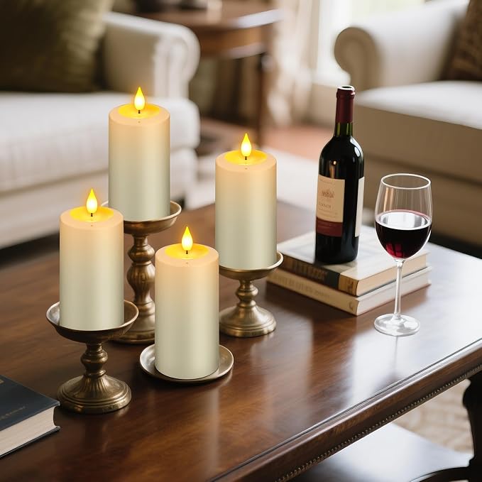 PChero Rechargeable Blow Out Candles with Remote and Timer, LED Flickering Flameless Candles, Battery Operated Pillar Candles for Christmas Halloween Table Wedding Home Decor, Long Lasting, Set of 4