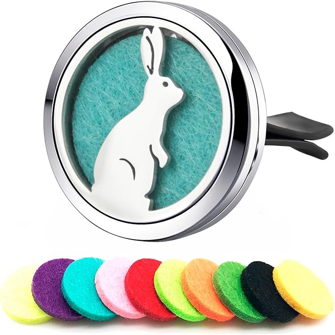 Rabbit Fun Small Car Aroma Diffuser Freshener Clip,30mm Stainless Steel Lockets with 10 Felt Pads, Aromatherapy Car Accessory Gift Set for Men Women
