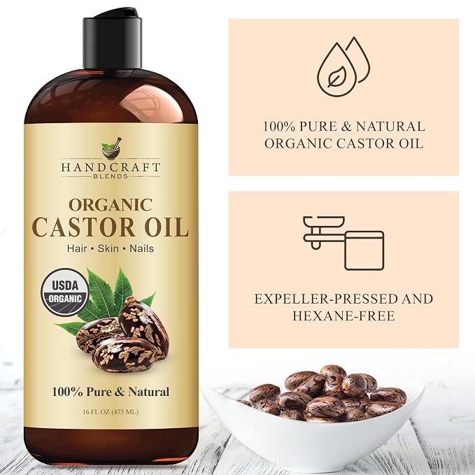 Handcraft Blends Organic Castor Oil 16 Fl Oz | Roll on Bottle | 100% Pure and Natural | Premium Grade Carrier Oil | Hair, Eyelashes and Eyebrows | Hair and Body | Expeller-Pressed | Hexane-Free