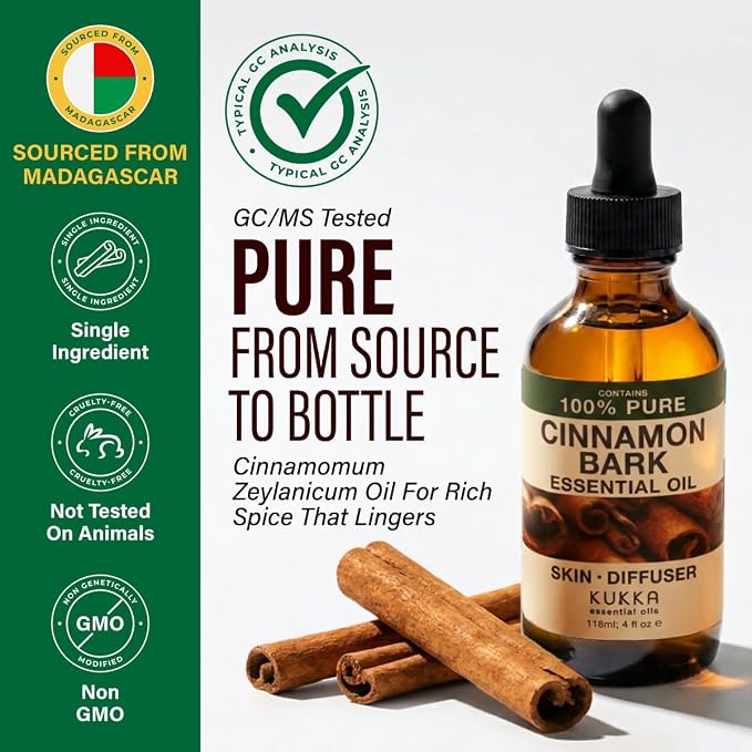 100% Pure Cinnamon Oil - 4 Fl Oz Cinnamon Essential Oil for Hair, Skin, Diffuser, Aromatherapy & DIY Soap Making Scent