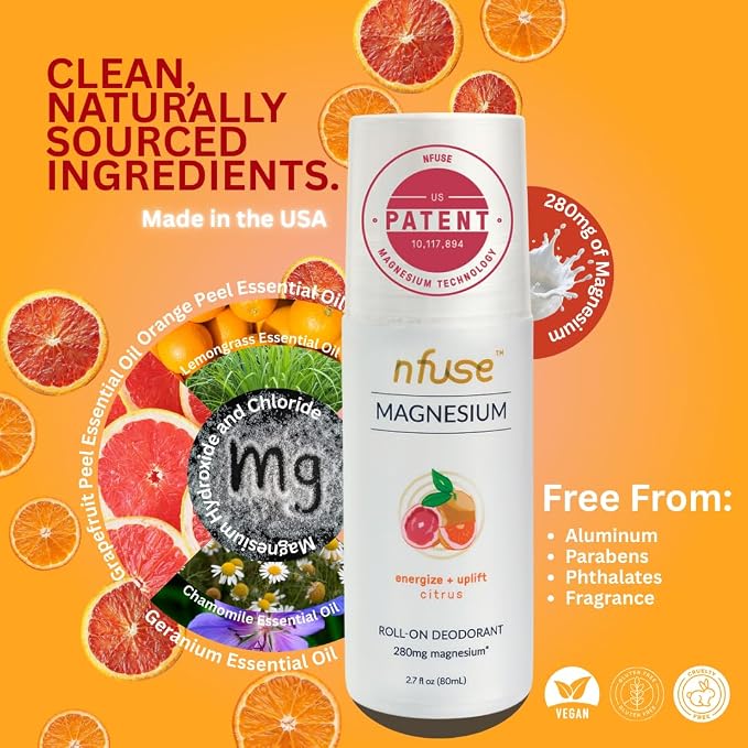 nfuse Magnesium Roll-On Deodorant - Natural, Aluminum-Free - Patented Magnesium Delivery Technology - Citrus Essential Oils (Energize and Uplift)