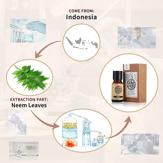 Neem Oil AKARZ Natural Organic Pure Premium Therapeutic Neem Essential Oil for Skin Body Hair Care, Diffuser, Candle,Soap,Making, DIY,Massage Aroma 0.34 Fl Oz (10ml)