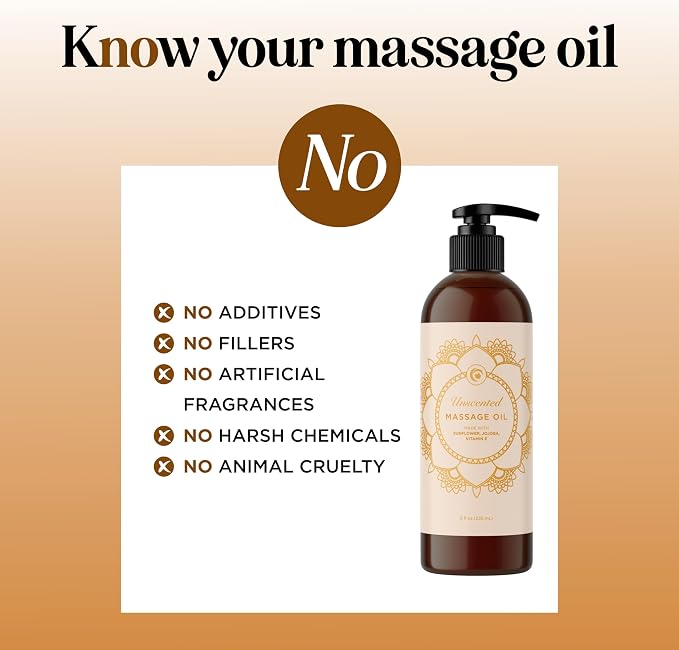 Unscented Massage Oil for Massage Therapy - Gentle and Luxurious Unscented Body Oil Full Body Care with Sweet Almond Sunflower Jojoba and Vitamin E - Vegan Non GMO & Gluten Free (8 Fl Oz)