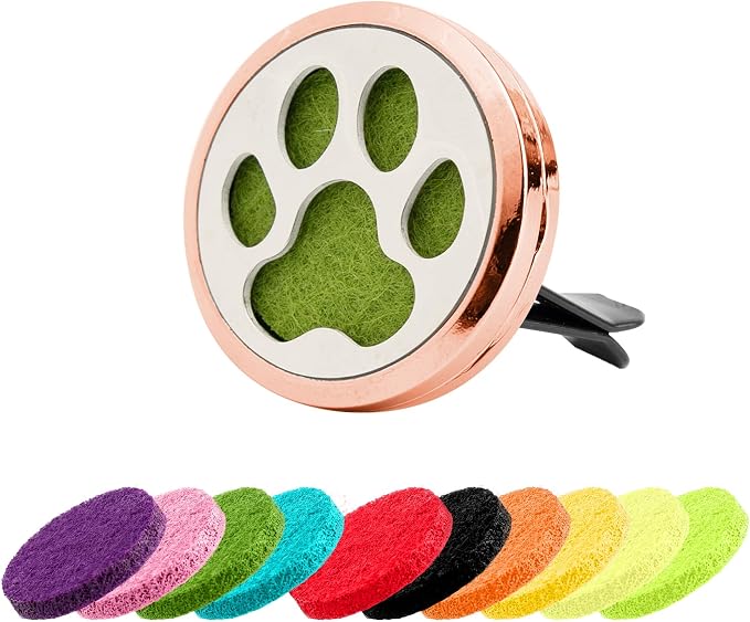 Framendino, 1 Pack Dog Paw Print Essential Car Oil Diffuser with 10 Felt Refill Pads Aromatherapy AIR Freshener Vent Clip Lockets for Men Women Gifts