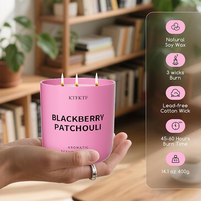 BlackBerry Patchouli Scented Candle for Home, 14.1oz 80 Hour Long Lasting Aromatherapy Candles for Focus & Balance, Non-Toxic Essential Oil & Soy Wax | Fruity-Spicy Earthy Fragrance