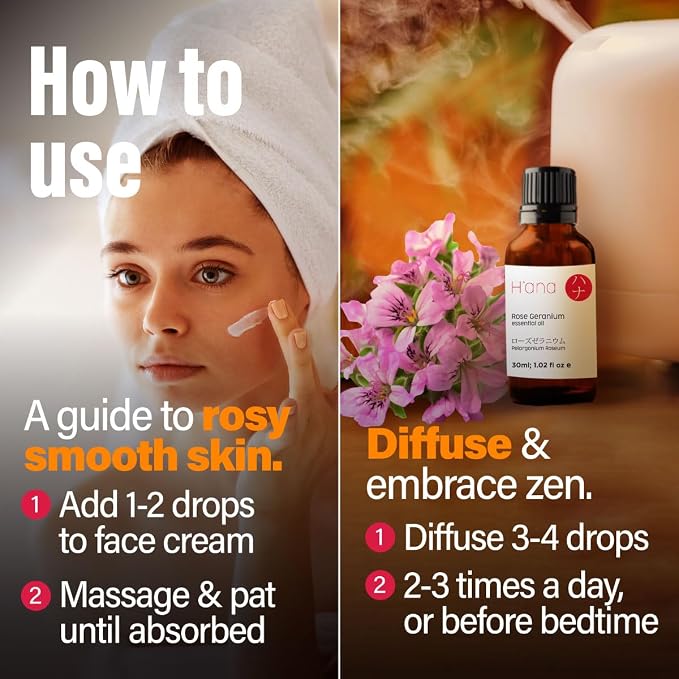 H'ana Rose Geranium Oil - 1.02 Fl Oz Rose Geranium Essential Oil for Hair, Skin, Diffuser, Aromatherapy & DIY