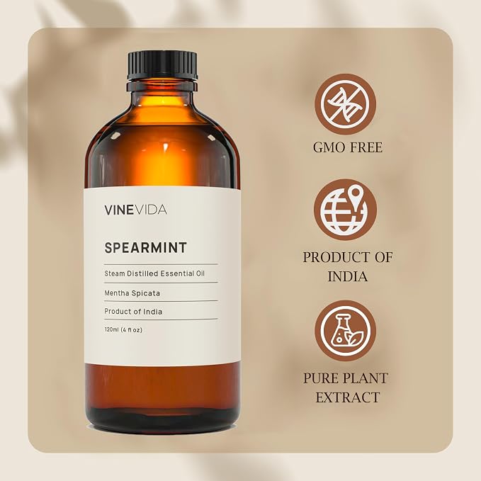 VINEVIDA Spearmint Essential Oil 4 oz - Undiluted Spearmint Oil - DIY Candle Scents for Candlemaking - Bulk Essential Oil for Soap Making Safe for Skin