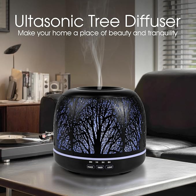 ARVIDSSON 500ml Essential Oil Diffuser, Metal Diffusers for Essential Oils, Aromatherapy Diffuser for Large Room, Color Mood Light & Mist Timer Setting, Gift for Women - Black Tree