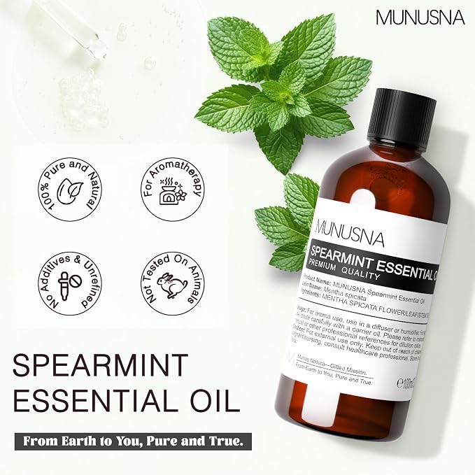Spearmint Essential Oil 100ML, 100% Pure Spearmint Oil Aromatherapy Oil for Diffuser, Skin Hair Care, Massage, Yoga, Home, Soap and Candle Making