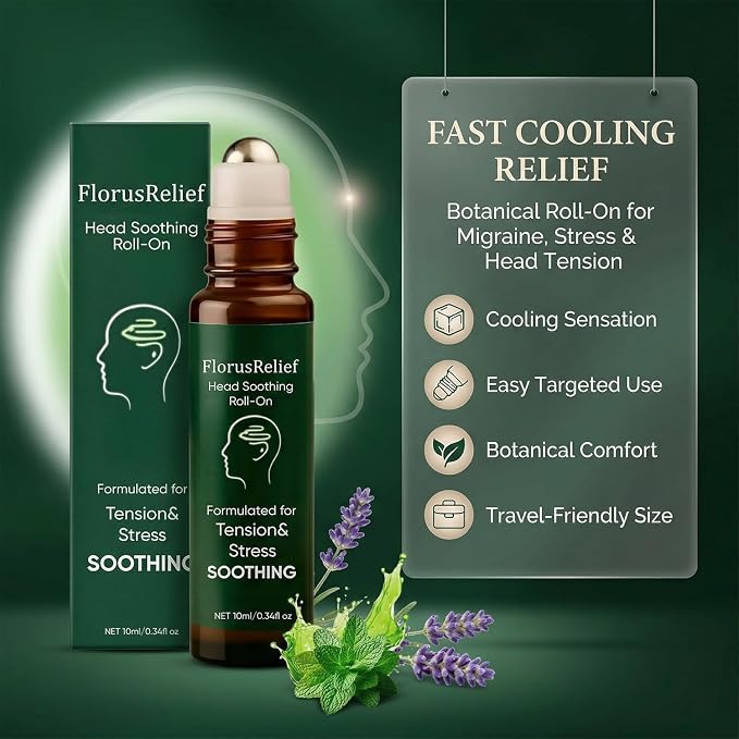 Florus Relief Roll on, Migraine Roll on with Magnesium Glycinate, Lavender, Peppermint, Chamomile for Headache Support (1)