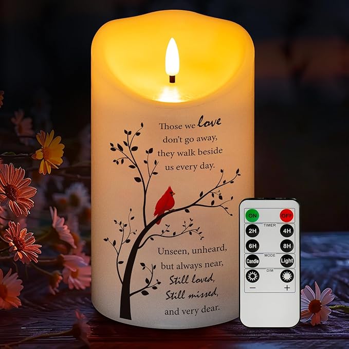 Flameless Memorial Candle, Real Wax LED Light with Remote Sympathy Gifts for Loss of Loved One, Mother, Father - Remembrance Gift (4" x 7")