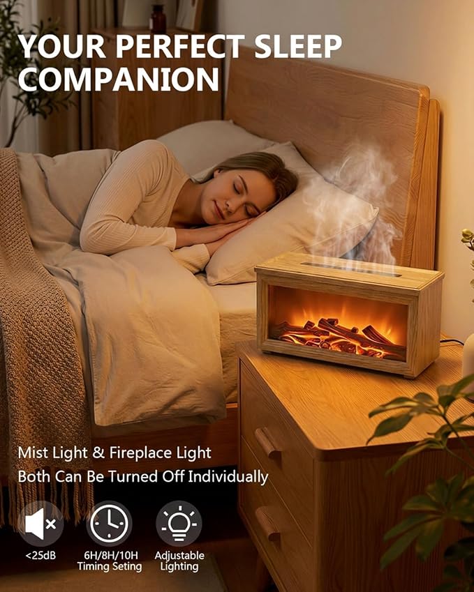 Essential Oil Diffuser, 7-Color Fireplace Fire Flame Aromatherapy Humidifier, 280ml Ultrasonic Aroma Diffuser, Cozy with Time Sets and Remote Control for Bedroom Home Yoga Office