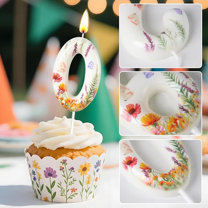 Number 0 Birthday Candle for Cake – Floral Botanical Design with Butterfly Detail – Elegant Cake Topper for Birthday, Garden Party Decoration