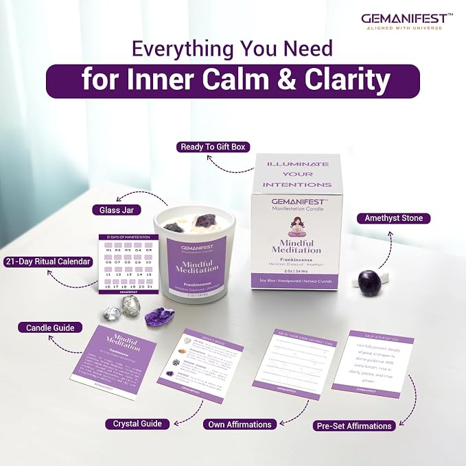 Mindful Meditation Candle with Amethyst and Herkimer Diamond Soy Wax Frankincense Candle for Anxiety Relief Focus Clarity Inner Peace Gifts for Spiritual Seekers Yoga Lovers Wellness Enthusiasts