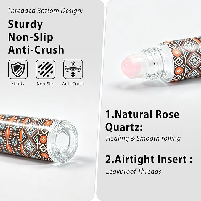 Cocurb 10ml Rose Quartz Roller Bottles for Essential Oil,8 Packs Refillable Thick Clear Glass Roller Ball Applicator with Boho Stickers and Liquid Dispensing Tools for Daily Care,Travel&DIY Gifts