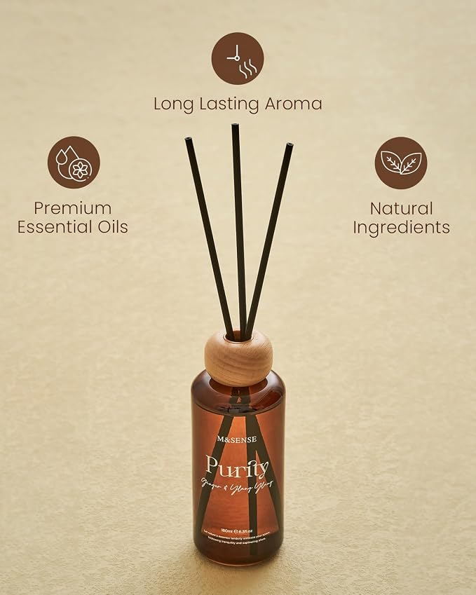 M&SENSE Reed Diffuser Set, Ginger Ylang Ylang Scented 6.3 fl oz Natural Essential Oil Diffusers with Sticks, Non-Toxic Organic Air Freshener, Long-Lasting Fragrance Oils for Home Bathroom Study Office