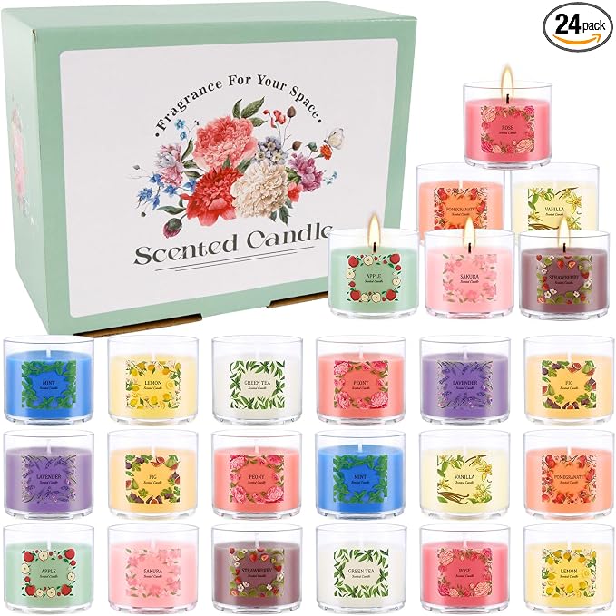 24 Pack Scented Candles Set, 2oz Soy Wax Acrylic Tea Lights with 12 Assorted Fragrances, Long Lasting Aromatherapy Candles for Home Decor, Gift Ready for Christmas Birthday Housewarming