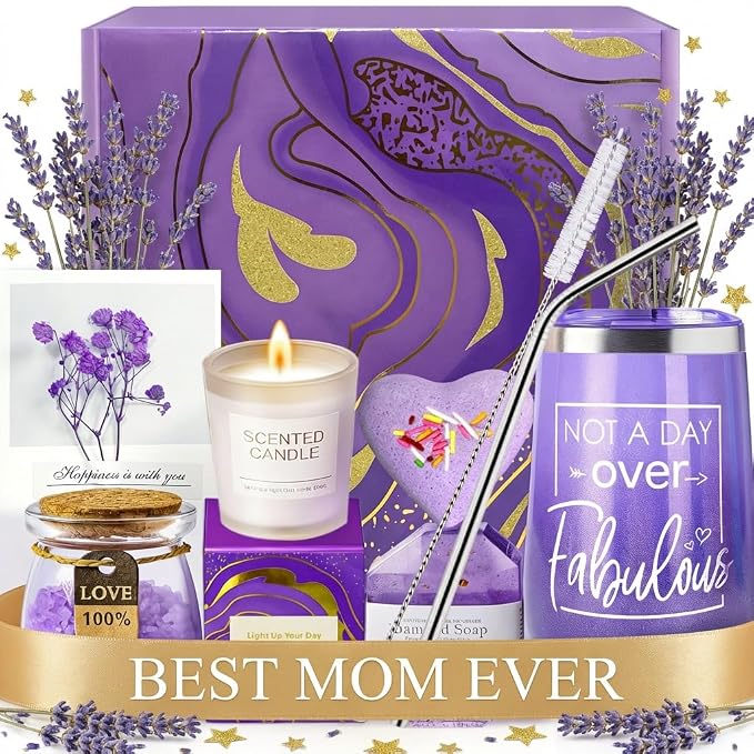 Lavender Spa Gift Basket, 7PCS Self Care Set for Women, Luxury Purple Gift Box with Tumbler, Scented Candle, Bath Salt, Bath Bomb, Soap & Greeting Card, Perfect Birthday Valentines Gifts
