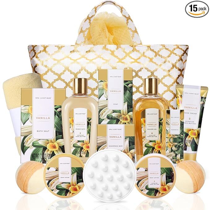 Spa Luxetique Gifts for Women, 15pcs Vanilla Gift Baskets for Women, Luxury Spa kit with Bath Bombs, Body Lotion, Birthday Gift for Her Christmas Mothers Day Gifts for Women