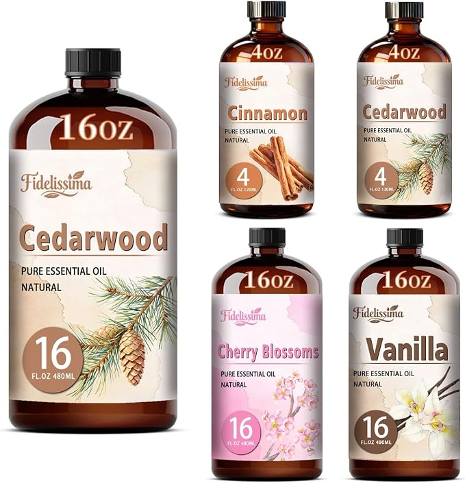 Fidelissima Natural Essential Oil Set,5 Scents Gift Kit –Cedarwood,Cinnamon,Cedarwood,Cherry Blossomm,Vanillaa,Fragrance Oil for Diffuser,Candle Soap Making,Personal Care with Glass Dropper