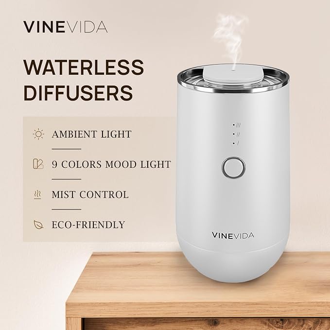 VINEVIDA Waterless Diffuser - Essential Oil Diffuser for Home - White Scent Diffuser for Home, Battery Operated Aromatherapy Diffuser - Car, Room Fragrance Air Diffuser