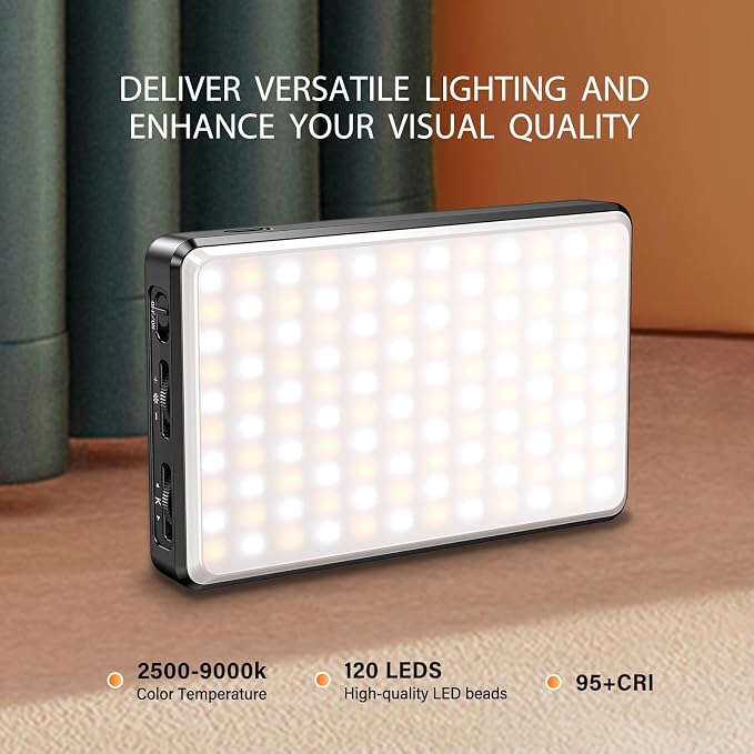 120 LED Video Light, Portable USB Photo Light Dimmable 2500-9000K CRI 95+ 5000mAh Battery with Tripod with Colored Filters and Clip, Photo Lamp for Phone/iPad/Camera