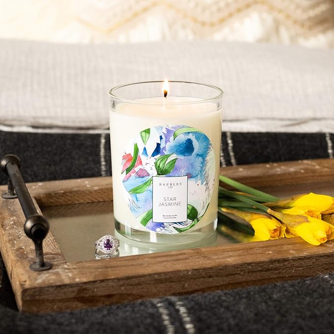 Kate Bissett Baubles Star Jasmine Scented Premium Candle and Jewelry with Surprise Ring Inside | 18 oz Large Candle | Made in USA | Parrafin Free | Size 10