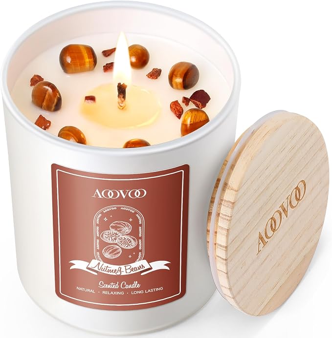 AOOVOO Nutmeg Beans Scented Candles for Women - Aromatherapy Candle with Crystals Inside, 10oz Soy Candles for Home Scented, Birthday Gifts Valentines Day Candle for Women Mom