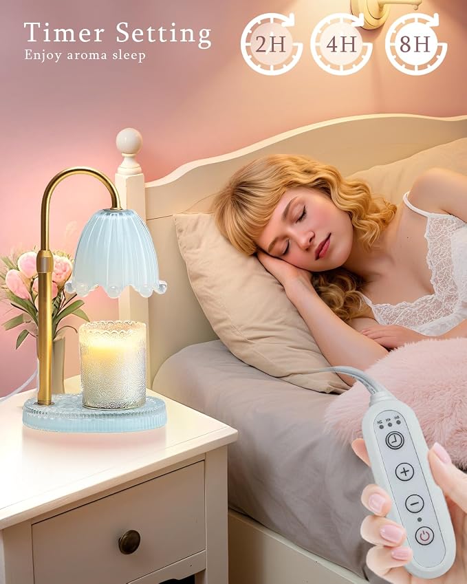 Flower Candle Warmer Lamp Glass Base with Timer & Dimmer, Mothers Day Birthday Gifts for Mom Women, Adjustable Floral Candles Warmer, Girly Wax Warmer New Home Office Decor (Blue-Flower)