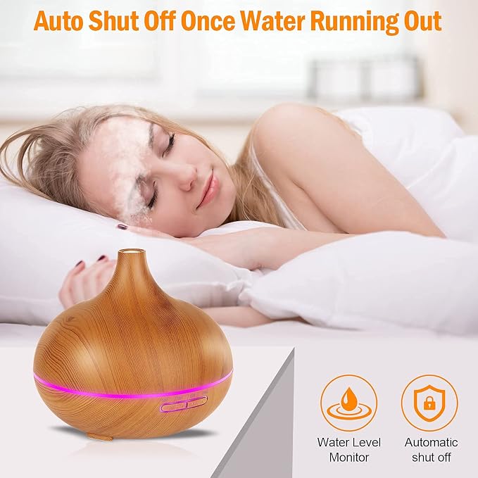Aroma Diffuser for Essential Oils，550ml Aromatherapy Diffuser Ultrasonic Cool Mist Humidifier for Home with 7 Light Colors, 4 Timer Setting, Waterless Auto Off
