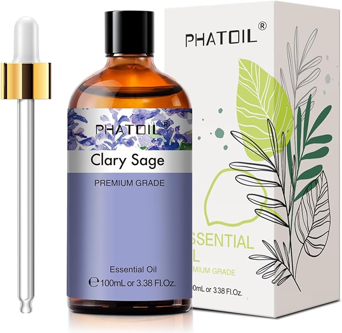 PHATOIL 3.38FL.OZ Clary Sage Essential Oil for Aromatherapy Diffusers with Glass Dropper, Humidifiers, Great for DIY Candle and Soap Making, Huge 100ML Bottle