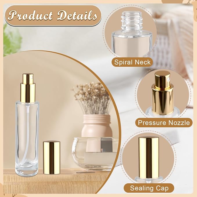 6 Pcs 50ml/1.7oz Glass Spray Bottle Refillable Perfume Bottles with Atomizer & Golden Lid for Perfume Cleaning Products Essential Oils