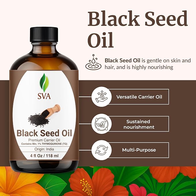 SVA Black Seed Oil - 4 Fl Oz - for Face, Skin Care, Hair Care, Scalp Massage & Body Massage – Carrier Oil with Dropper