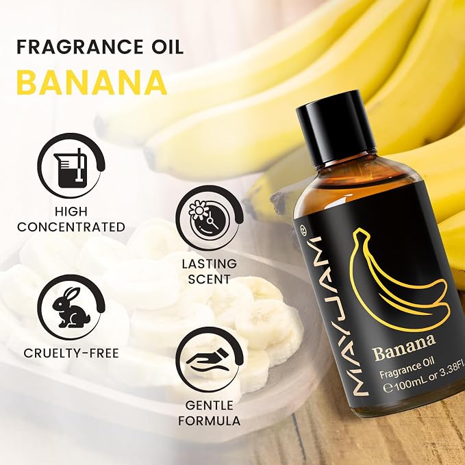 MAYJAM 100ML/3.38FL.OZ Banana Fragrance Oils with Glass Dropper, Essential Oils for Diffusers for Home, Long Lasting Scented Oils for Diffusers Soap Candle Making
