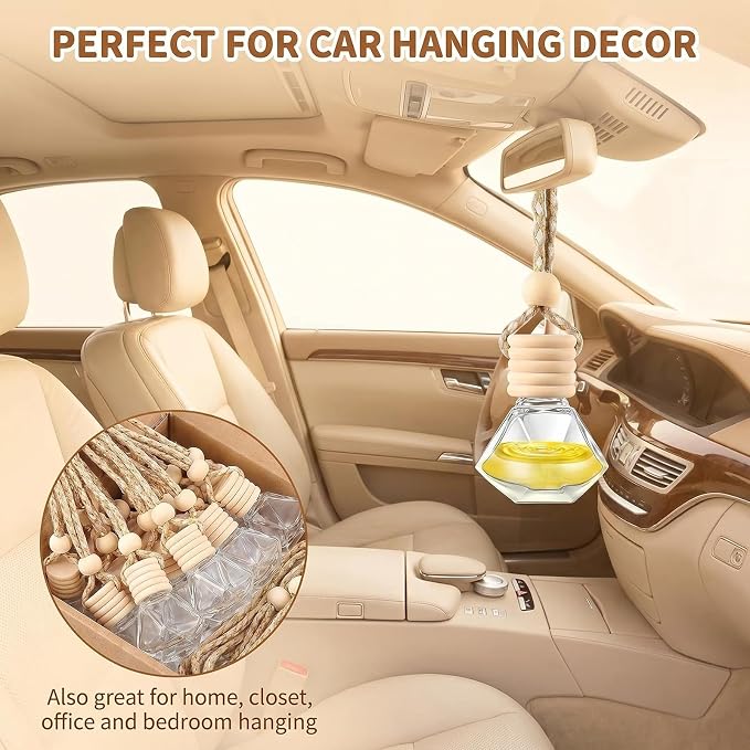 10 Pcs 8ml/0.27oz Hanging Car Air Freshener Bottles, Empty Clear Glass Diffuser Vials with Natural Wood Cap & Adjustable Rope, Refillable Car Perfume Pendant for Aromatherapy Fragrance Home Office