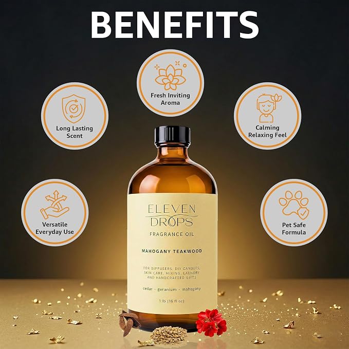 Mahogany Teakwood Fragrance Oil | Cedar, Geranium & Mahogany Notes | Long Lasting Scent Reed Diffuser Oil for Home, Office, Hotel, Car & Linen Spray | Pet Friendly IFRA Compliant, 16 oz