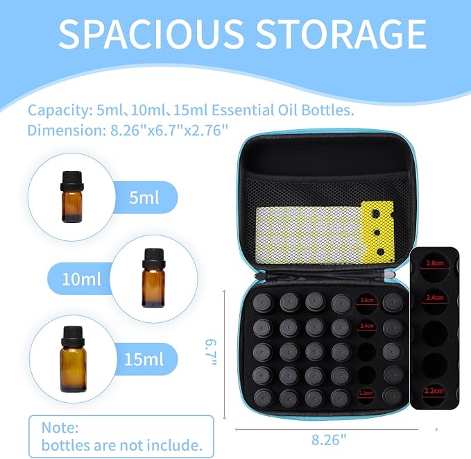 Essential Oil Storage Holder Organizer Carrying Case - 30 Bottles | Hard Shell Essential Oils Box Holds 5ml 10ml 15ml Bottle Travel Bag with Labels & Foam Insert for doTERRA & Young Living