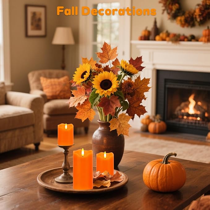 Flameless Candles Lights, Set of 3 Orange Flickering LED Candles with Remote & Timer, Dimmable LED Pillar Candles Battery Operated, Electric Candles for Fall Halloween Thanksgiving Decor (Orange)