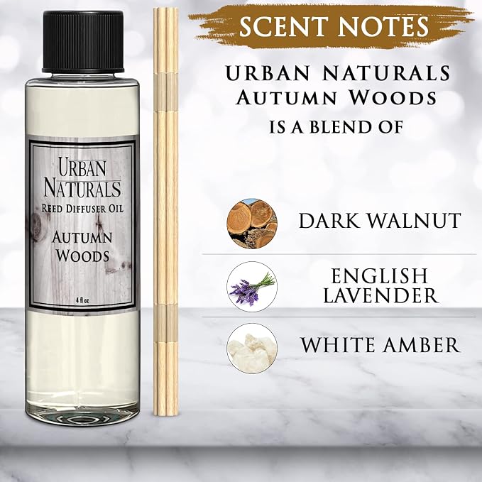 Urban Naturals Reed Diffuser Oil Refill Autumn Woods, Fall Leaves, Cedarwood, Apple Bark, 4 oz + Free Reed Sticks, Made in the USA