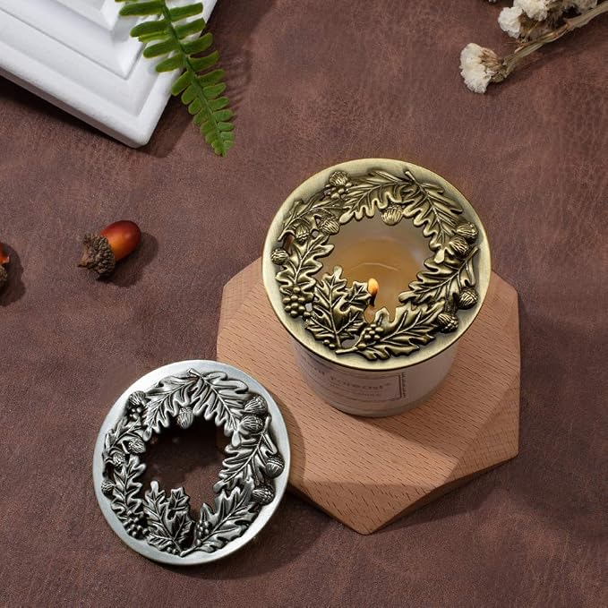 PH PandaHall 2 Pack Candle Topper Leaf Pine Candle Topper Shade Jar Lid Shade Sleeves for Jar Candles - Help Candles Melt Evenly and Look Great, 3.19 in Diameter(Antique Bronze & Antique Silver)
