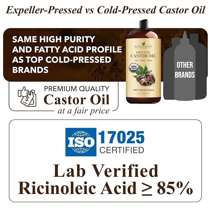 Handcraft Blends Organic Castor Oil 28 Fl Oz | 100% Pure and Natural | Premium Grade Carrier Oil | Hair, Eyelashes and Eyebrows | Hair and Body | Expeller-Pressed | Hexane-Free