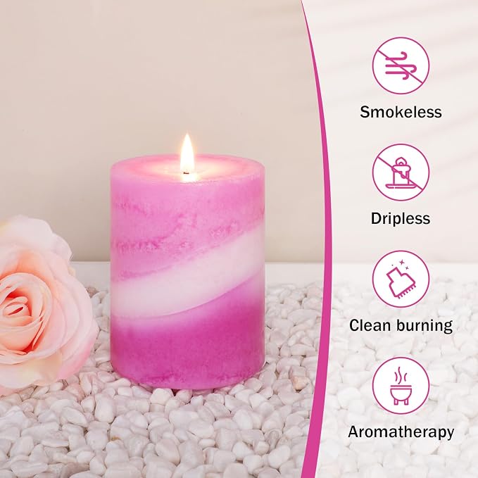 Crystal Club Rose Scented Candles Set of 3, 3x4 Inch Pillar Candle, 40+ Hours Long Burning Pink Scented Pillar Candle, Hand-Poured Paraffin Wax with 100% Cotton Wick Smokeless for Home Decor
