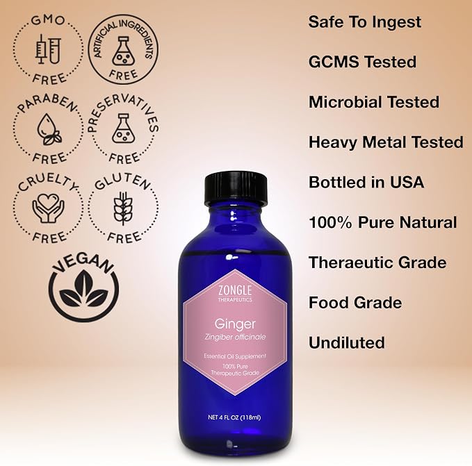 Ginger Oil, Edible, Food Grade – 100% Pure, Ginger, Essential, Oil, for Massage, by Zongle Therapeutics, 4 OZ
